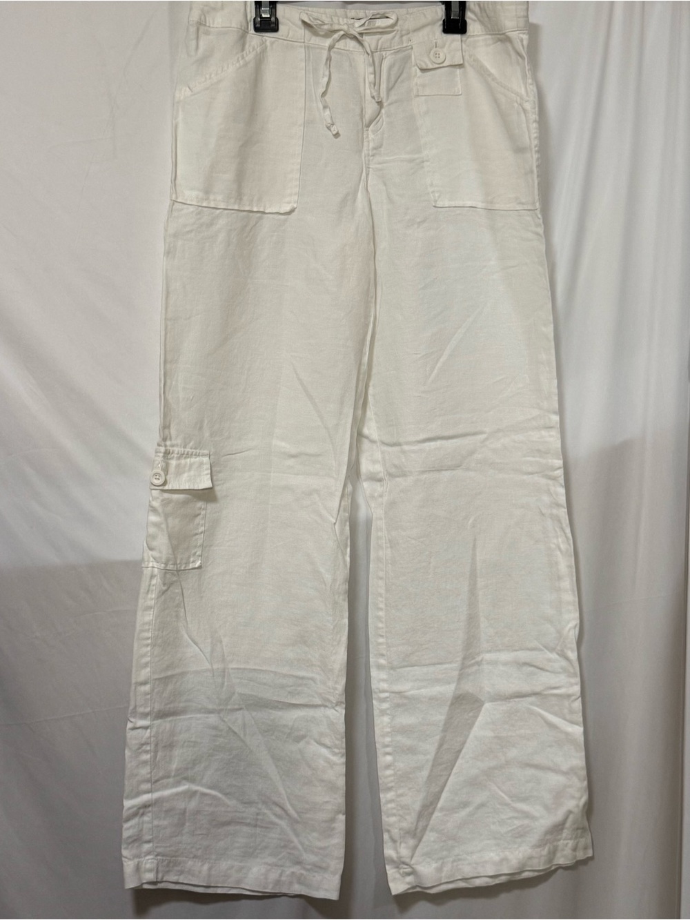 Context Women’s White Wide-Leg Cargo Trousers with Drawstring Waist linen blend